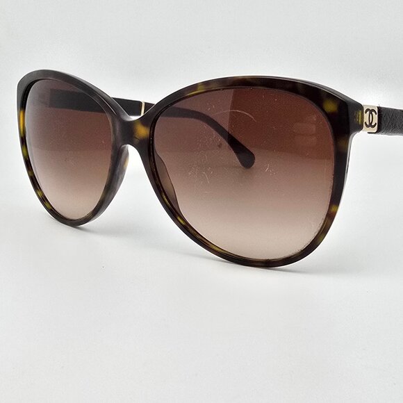 Chanel 5225-Q 714/3B Tortoise Brown Leather Frame Brown Lens Sunglasses w/ Case - Picture 3 of 15